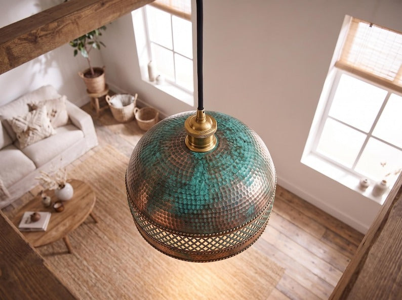 Handmade Moroccan Brass Dome Pendant Light – Hammered Copper and Turquoise Verdigris Hanging Lamp with Diamond Lattice Band, Warm Gold Interior for Kitchen Island, Dining Room & Living Room