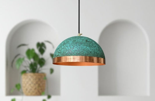 Handmade Moroccan Brass Dome Pendant Light – Turquoise Verdigris Patina Hanging Lamp with Polished Copper Brass Band, Warm Copper Interior Ceiling Light for Kitchen Island, Dining Room & Living Room