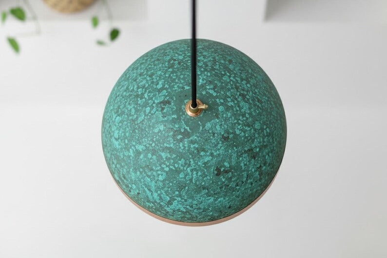 Handmade Moroccan Brass Dome Pendant Light – Turquoise Verdigris Patina Hanging Lamp with Polished Copper Brass Band, Warm Copper Interior Ceiling Light for Kitchen Island, Dining Room & Living Room