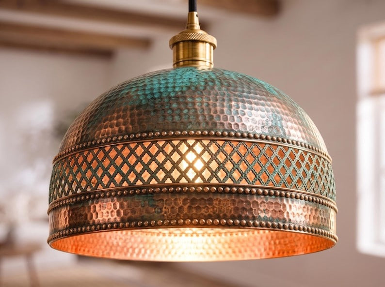 Handmade Moroccan Brass Dome Pendant Light – Hammered Copper and Turquoise Verdigris Hanging Lamp with Diamond Lattice Band, Warm Gold Interior for Kitchen Island, Dining Room & Living Room
