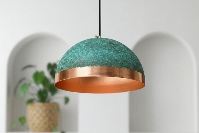 Handmade Moroccan Brass Dome Pendant Light – Turquoise Verdigris Patina Hanging Lamp with Polished Copper Brass Band, Warm Copper Interior Ceiling Light for Kitchen Island, Dining Room & Living Room