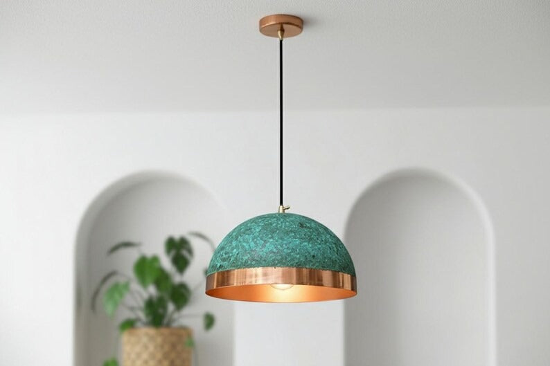Handmade Moroccan Brass Dome Pendant Light – Turquoise Verdigris Patina Hanging Lamp with Polished Copper Brass Band, Warm Copper Interior Ceiling Light for Kitchen Island, Dining Room & Living Room