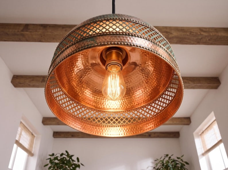 Handmade Moroccan Brass Dome Pendant Light – Hammered Copper and Turquoise Verdigris Hanging Lamp with Diamond Lattice Band, Warm Gold Interior for Kitchen Island, Dining Room & Living Room