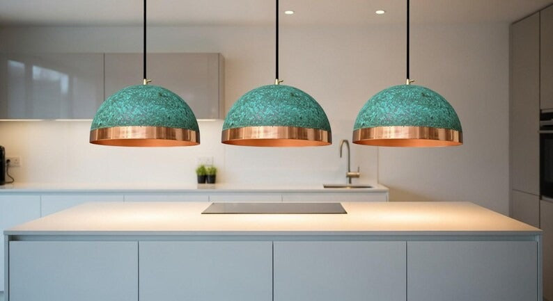 Handmade Moroccan Brass Dome Pendant Light – Turquoise Verdigris Patina Hanging Lamp with Polished Copper Brass Band, Warm Copper Interior Ceiling Light for Kitchen Island, Dining Room & Living Room