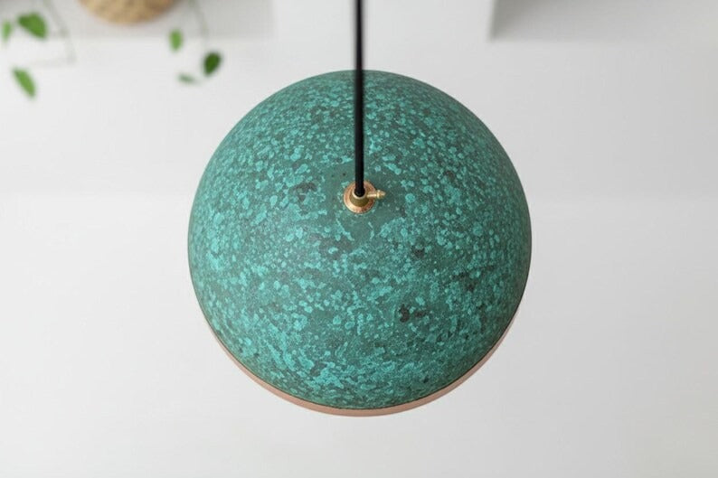 Handmade Moroccan Brass Dome Pendant Light – Turquoise Verdigris Patina Hanging Lamp with Polished Copper Brass Band, Warm Copper Interior Ceiling Light for Kitchen Island, Dining Room & Living Room
