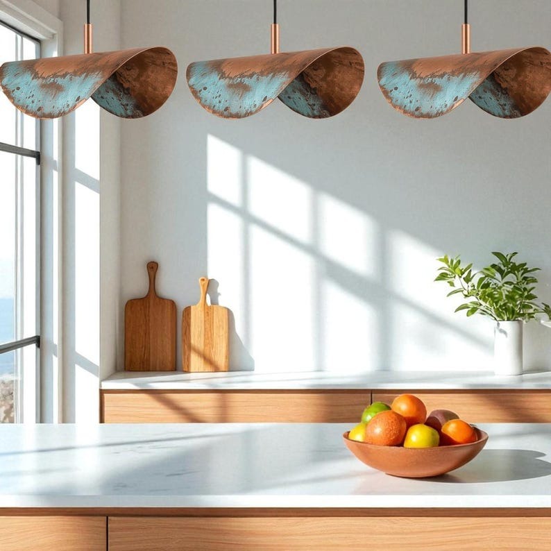 Moroccan Brass Copper and Turquoise Patina Folded Pendant Light, Handmade Brass Wave Hanging Lamp, Boho Coastal Kitchen Island Chandelier, Rustic Artisan Ceiling Light Fixture