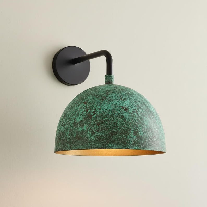 Handmade Brass Wall Sconce Light – Turquoise Patina Dome Moroccan Wall Lamp, Black Arm Bedside Sconce, Rustic Bathroom Vanity & Hallway Fixture
