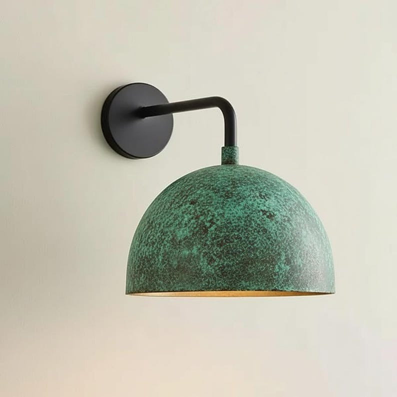 Handmade Brass Wall Sconce Light – Turquoise Patina Dome Moroccan Wall Lamp, Black Arm Bedside Sconce, Rustic Bathroom Vanity & Hallway Fixture