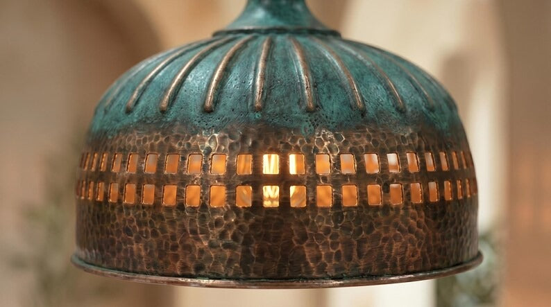 Handmade Moroccan Brass Pendant Light – Hammered Dome with Turquoise Verdigris Ribbed Top and Geometric Cutout Band