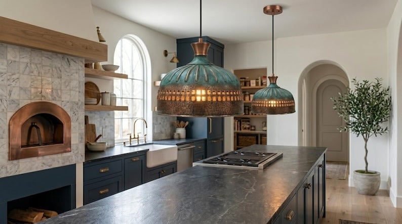Handmade Moroccan Brass Pendant Light – Hammered Dome with Turquoise Verdigris Ribbed Top and Geometric Cutout Band