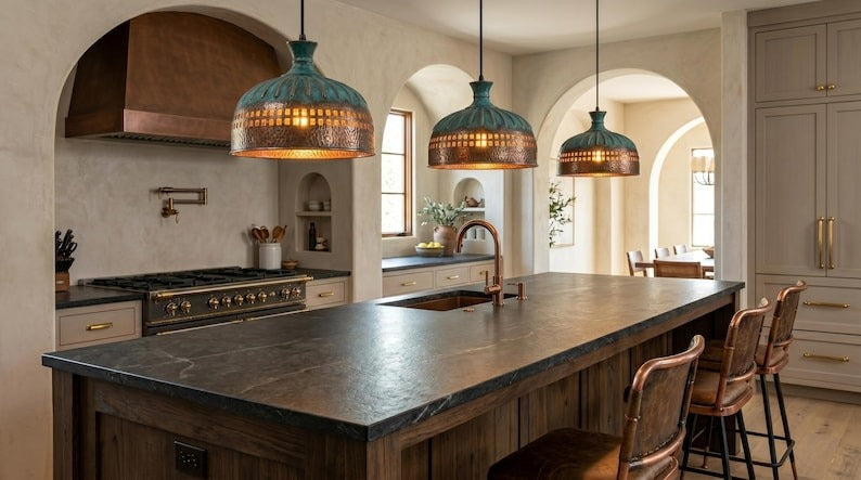 Handmade Moroccan Brass Pendant Light – Hammered Dome with Turquoise Verdigris Ribbed Top and Geometric Cutout Band
