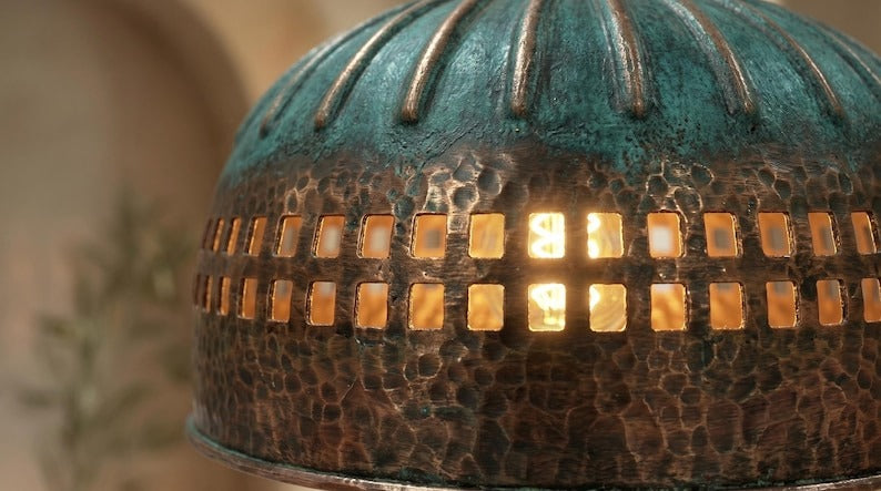 Handmade Moroccan Brass Pendant Light – Hammered Dome with Turquoise Verdigris Ribbed Top and Geometric Cutout Band