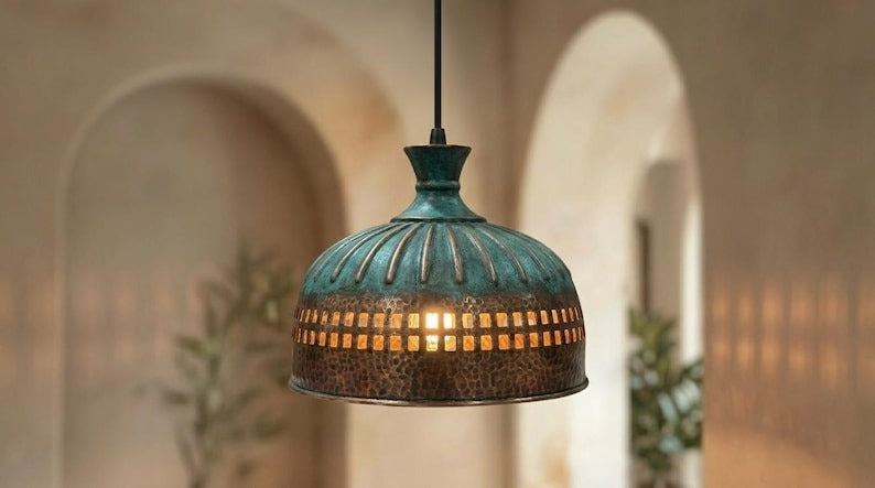 Handmade Moroccan Brass Pendant Light – Hammered Dome with Turquoise Verdigris Ribbed Top and Geometric Cutout Band