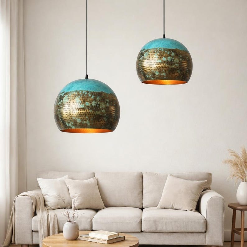 Set of 2 Handmade Moroccan Brass Pendant Lights – Turquoise Verdigris Patina Hammered Globe Ceiling Lamps with Warm Copper Interiors, Kitchen Island & Dining Room Lighting