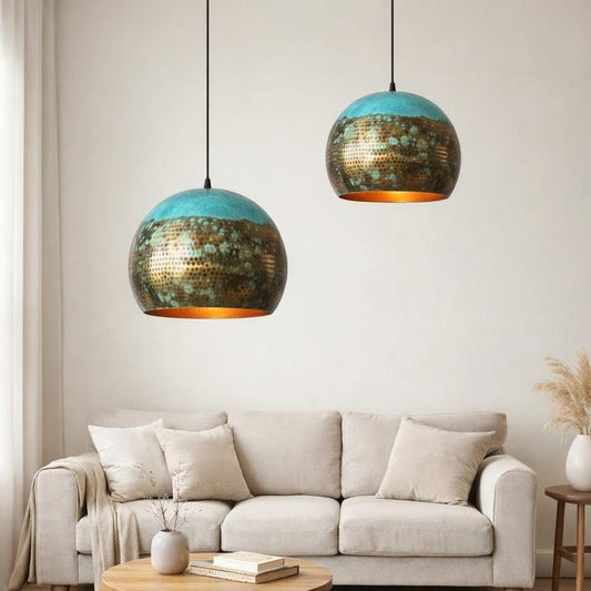 Set of 2 Handmade Moroccan Brass Pendant Lights – Turquoise Verdigris Patina Hammered Globe Ceiling Lamps with Warm Copper Interiors, Kitchen Island & Dining Room Lighting