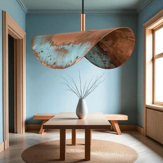 Moroccan Brass Copper and Turquoise Patina Folded Pendant Light, Handmade Brass Wave Hanging Lamp, Boho Coastal Kitchen Island Chandelier, Rustic Artisan Ceiling Light Fixture