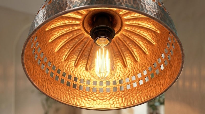Handmade Moroccan Brass Pendant Light – Hammered Dome with Turquoise Verdigris Ribbed Top and Geometric Cutout Band