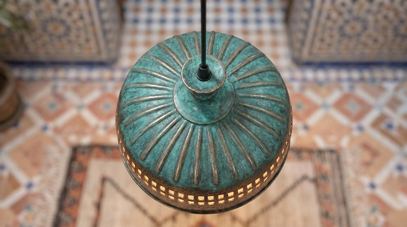 Handmade Moroccan Brass Pendant Light – Hammered Dome with Turquoise Verdigris Ribbed Top and Geometric Cutout Band