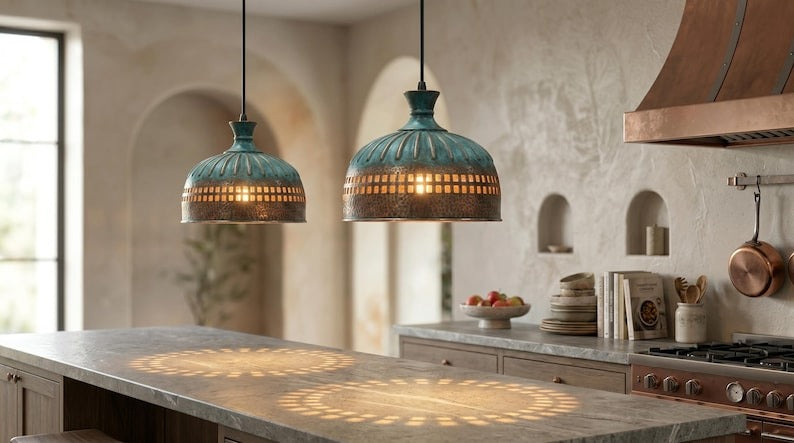 Handmade Moroccan Brass Pendant Light – Hammered Dome with Turquoise Verdigris Ribbed Top and Geometric Cutout Band