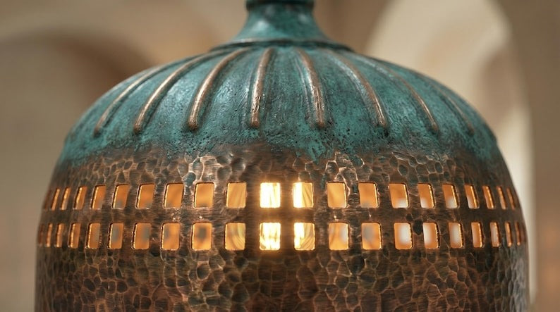 Handmade Moroccan Brass Pendant Light – Hammered Dome with Turquoise Verdigris Ribbed Top and Geometric Cutout Band