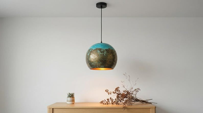 Handmade Moroccan Brass Pendant Light – Turquoise Verdigris Patina Hammered Globe Ceiling Lamp with Warm Copper Interior, Kitchen Island & Dining Room Lighting