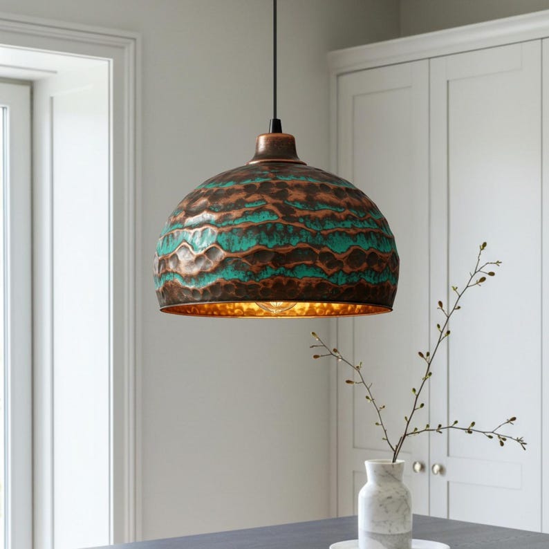 Verdigris Brass Dome Pendant Light – Hammered Copper Kitchen Island Chandelier with Turquoise Patina