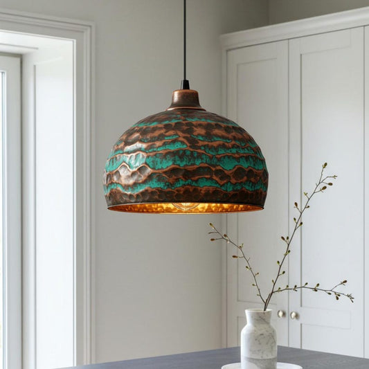 Verdigris Brass Dome Pendant Light – Hammered Copper Kitchen Island Chandelier with Turquoise Patina