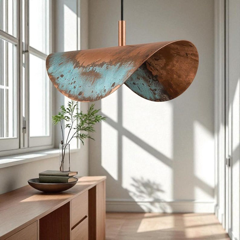 Moroccan Brass Copper and Turquoise Patina Folded Pendant Light, Handmade Brass Wave Hanging Lamp, Boho Coastal Kitchen Island Chandelier, Rustic Artisan Ceiling Light Fixture