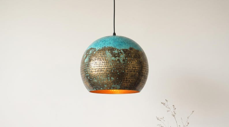 Handmade Moroccan Brass Pendant Light – Turquoise Verdigris Patina Hammered Globe Ceiling Lamp with Warm Copper Interior, Kitchen Island & Dining Room Lighting