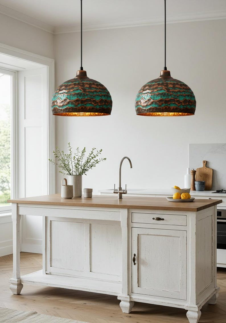 Verdigris Brass Dome Pendant Light – Hammered Copper Kitchen Island Chandelier with Turquoise Patina