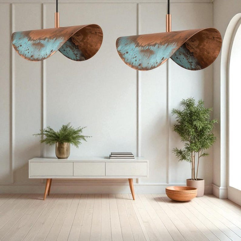 Moroccan Brass Copper and Turquoise Patina Folded Pendant Light, Handmade Brass Wave Hanging Lamp, Boho Coastal Kitchen Island Chandelier, Rustic Artisan Ceiling Light Fixture