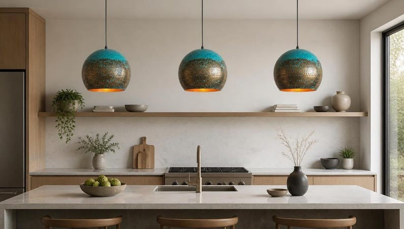 Handmade Moroccan Brass Pendant Light – Turquoise Verdigris Patina Hammered Globe Ceiling Lamp with Warm Copper Interior, Kitchen Island & Dining Room Lighting