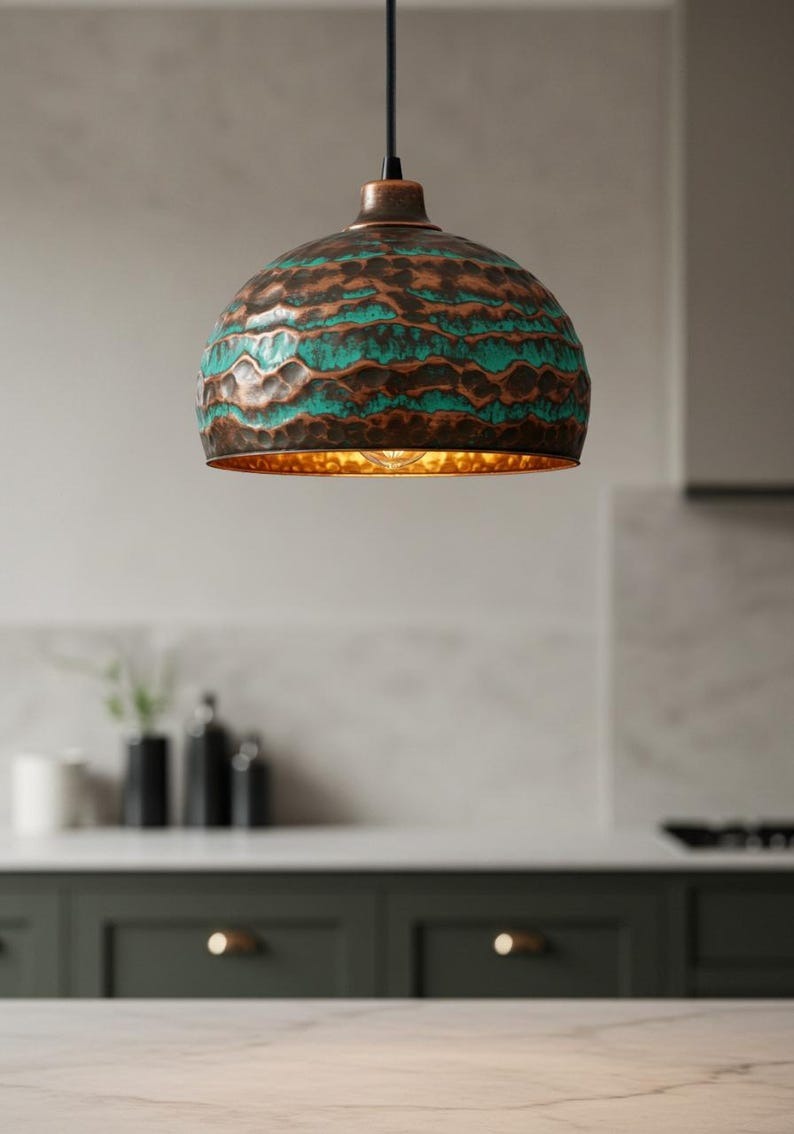 Verdigris Brass Dome Pendant Light – Hammered Copper Kitchen Island Chandelier with Turquoise Patina