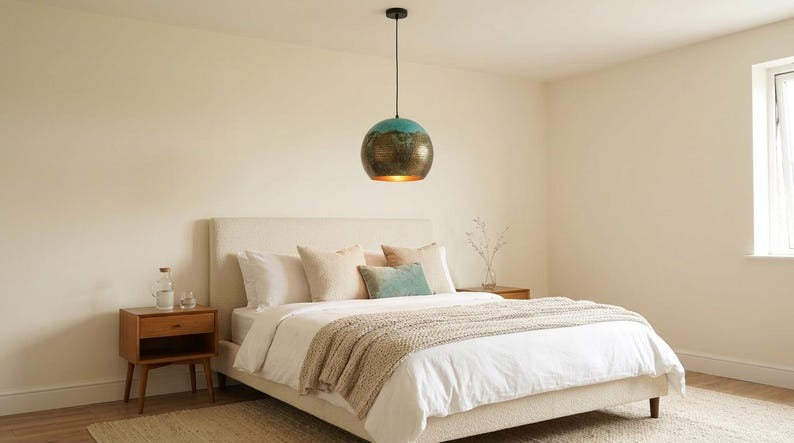 Set of 2 Handmade Moroccan Brass Pendant Lights – Turquoise Verdigris Patina Hammered Globe Ceiling Lamps with Warm Copper Interiors, Kitchen Island & Dining Room Lighting