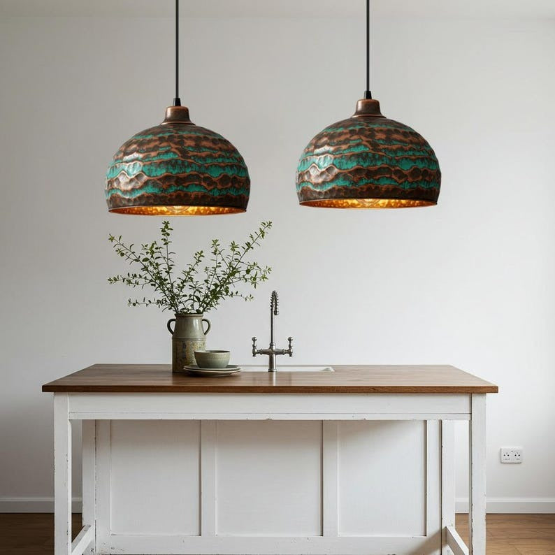 Verdigris Brass Dome Pendant Light – Hammered Copper Kitchen Island Chandelier with Turquoise Patina