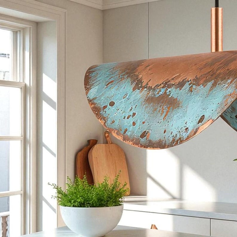 Moroccan Brass Copper and Turquoise Patina Folded Pendant Light, Handmade Brass Wave Hanging Lamp, Boho Coastal Kitchen Island Chandelier, Rustic Artisan Ceiling Light Fixture