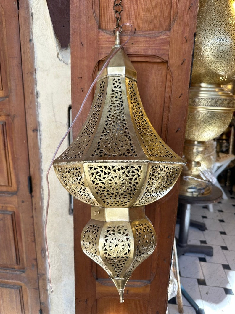 Handmade Moroccan Brass Pendant Light – Large Two-Tier Pierced Moorish Lantern with Geometric Star Cutouts, Shadow Casting Ceiling Chandelier for Entryway, Dining Room & Living Room