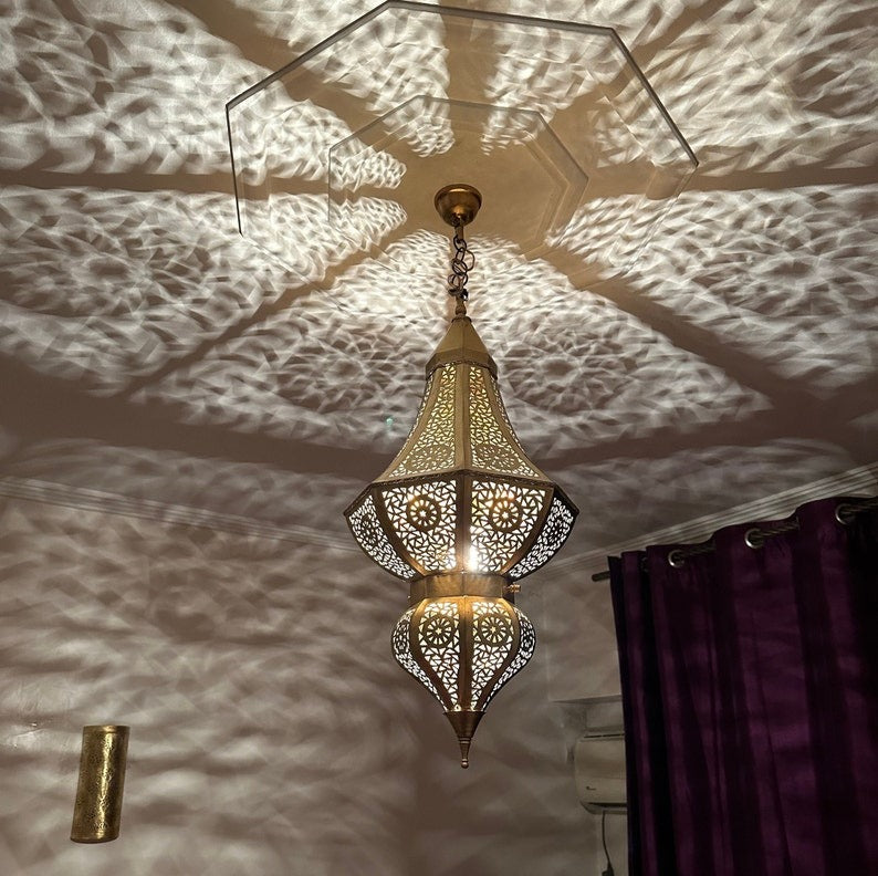 Handmade Moroccan Brass Pendant Light – Large Two-Tier Pierced Moorish Lantern with Geometric Star Cutouts, Shadow Casting Ceiling Chandelier for Entryway, Dining Room & Living Room