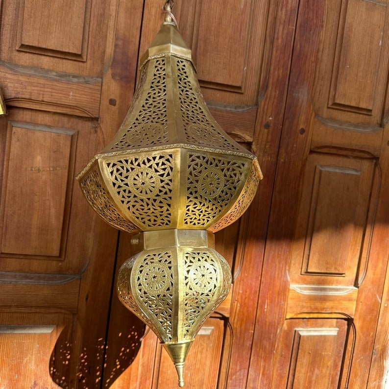 Handmade Moroccan Brass Pendant Light – Large Two-Tier Pierced Moorish Lantern with Geometric Star Cutouts, Shadow Casting Ceiling Chandelier for Entryway, Dining Room & Living Room