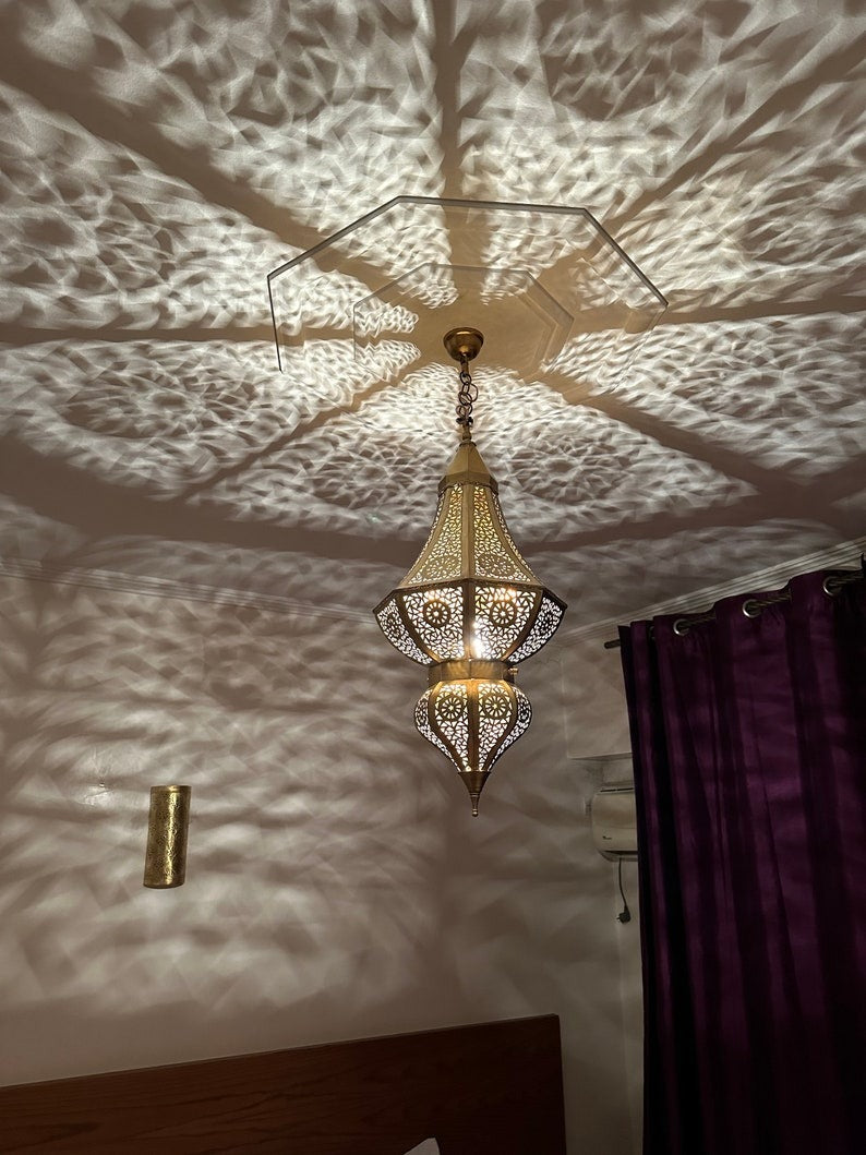 Handmade Moroccan Brass Pendant Light – Large Two-Tier Pierced Moorish Lantern with Geometric Star Cutouts, Shadow Casting Ceiling Chandelier for Entryway, Dining Room & Living Room