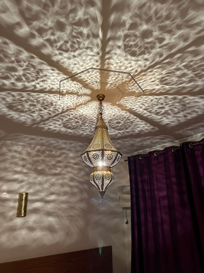 Handmade Moroccan Brass Pendant Light – Large Two-Tier Pierced Moorish Lantern with Geometric Star Cutouts, Shadow Casting Ceiling Chandelier for Entryway, Dining Room & Living Room