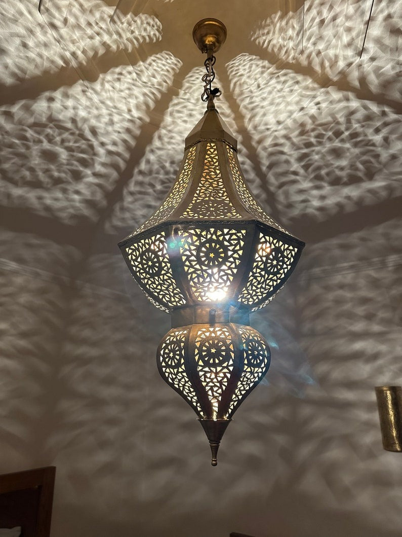 Handmade Moroccan Brass Pendant Light – Large Two-Tier Pierced Moorish Lantern with Geometric Star Cutouts, Shadow Casting Ceiling Chandelier for Entryway, Dining Room & Living Room