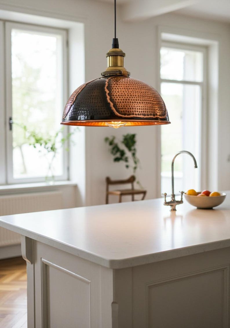 Hammered Brass Dome Pendant Light – Two-Tone Black and Copper Kitchen Island Chandelier
