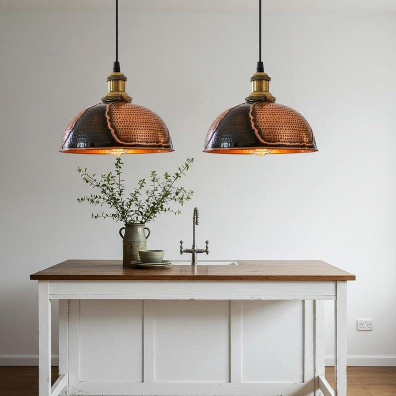 Hammered Brass Dome Pendant Light – Two-Tone Black and Copper Kitchen Island Chandelier