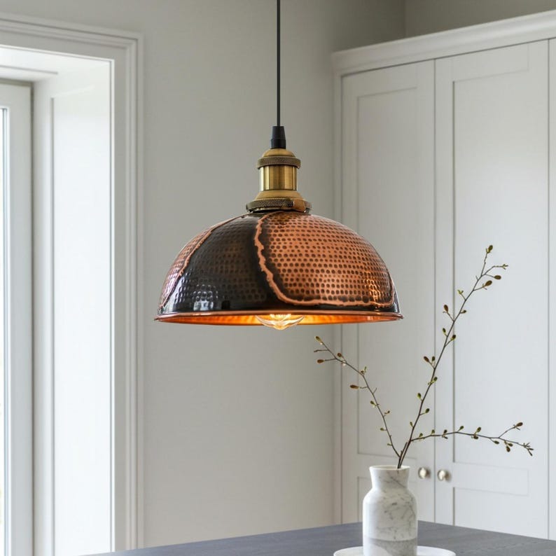 Hammered Brass Dome Pendant Light – Two-Tone Black and Copper Kitchen Island Chandelier