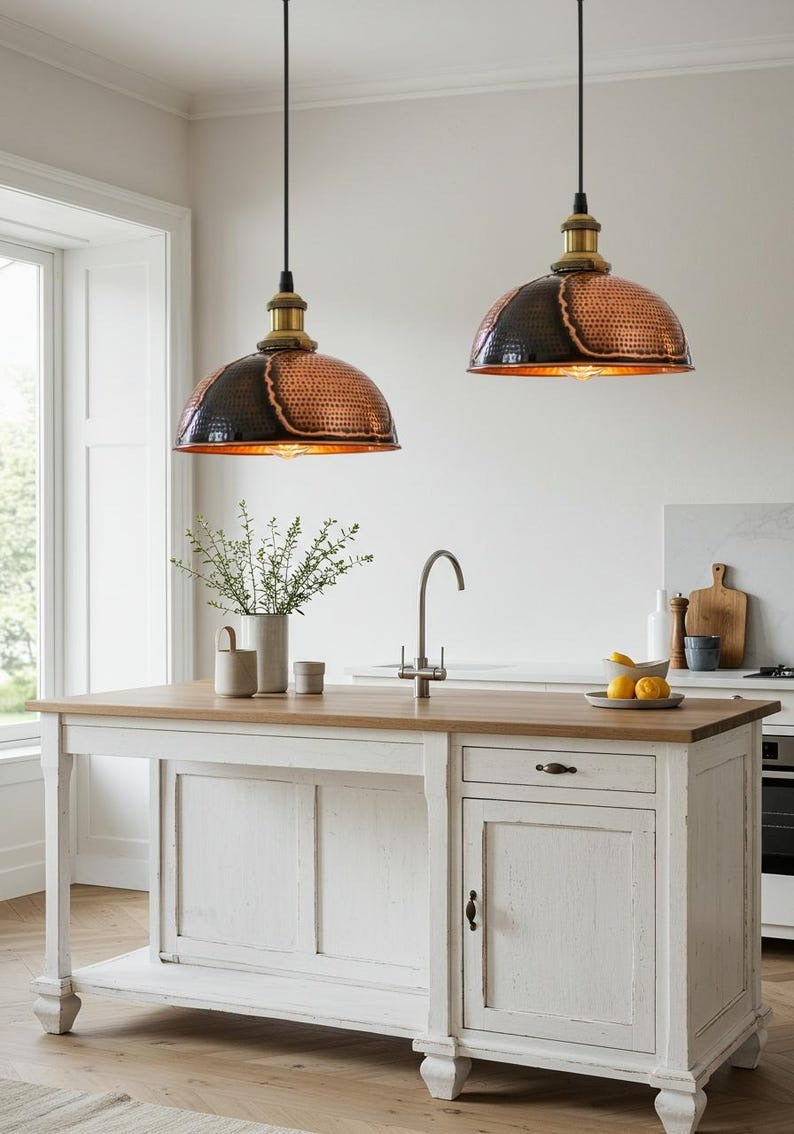 Hammered Brass Dome Pendant Light – Two-Tone Black and Copper Kitchen Island Chandelier
