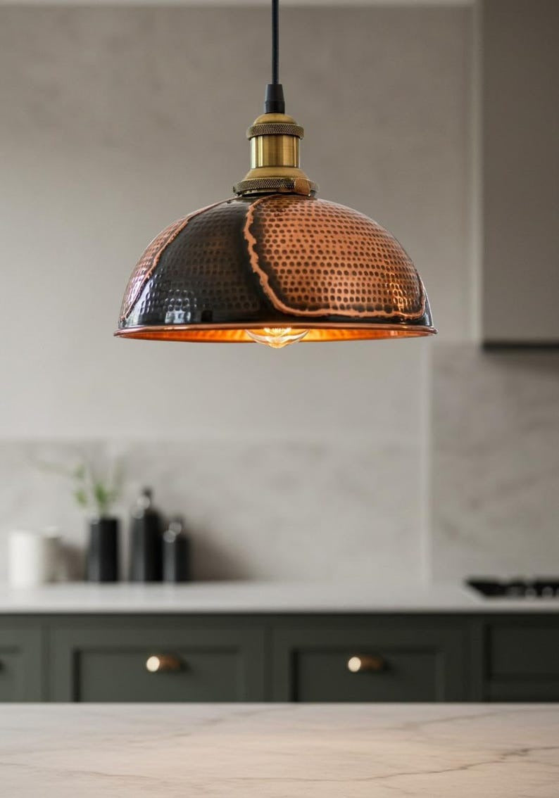 Hammered Brass Dome Pendant Light – Two-Tone Black and Copper Kitchen Island Chandelier