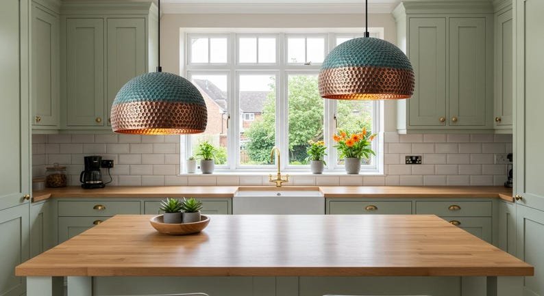 Two-Tone Hammered Copper and Blue Patina Dome Pendant Light, Handmade Moroccan Copper Kitchen Island Chandelier, Verdigris Boho Farmhouse Hanging Ceiling Light Fixture