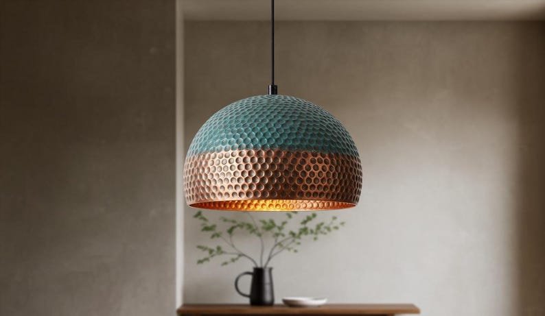 Two-Tone Hammered Copper and Blue Patina Dome Pendant Light, Handmade Moroccan Copper Kitchen Island Chandelier, Verdigris Boho Farmhouse Hanging Ceiling Light Fixture