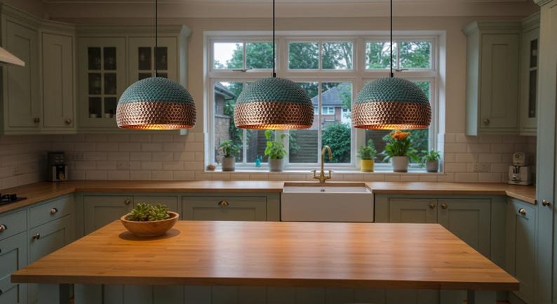 Two-Tone Hammered Copper and Blue Patina Dome Pendant Light, Handmade Moroccan Copper Kitchen Island Chandelier, Verdigris Boho Farmhouse Hanging Ceiling Light Fixture